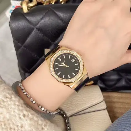 Montre Octogonale Luxe à Quartz Métal Violet avec Calendrier pour Femmes Occasions Spéciales Polyvalente