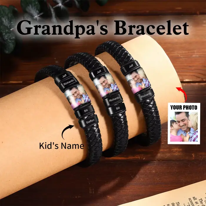 Bracelet en cuir personnalisé avec photo et nom gravé