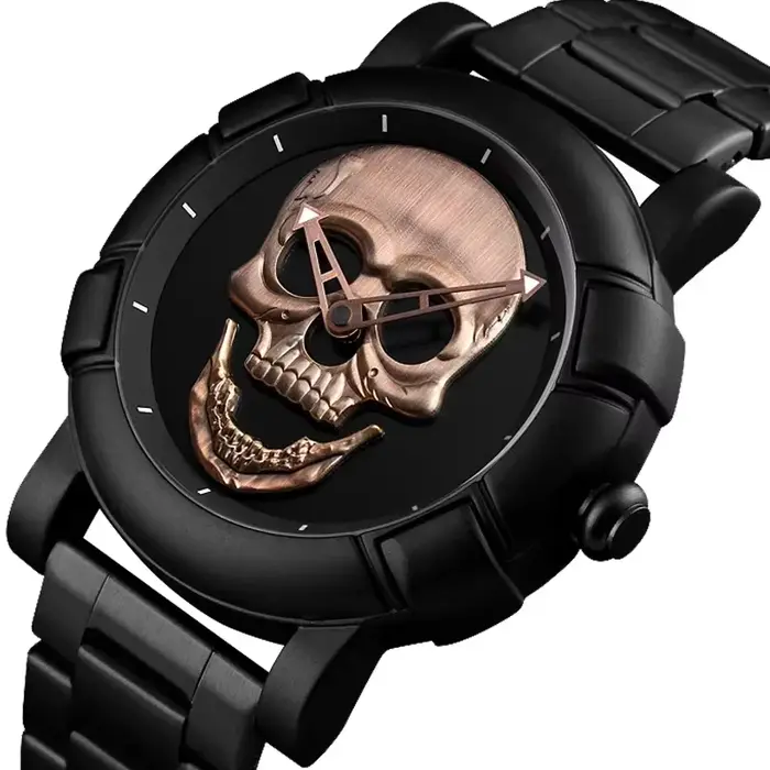 Montre à quartz pour hommes, cadran noir et doré, motif tête de mort 3D, acier inoxydable, gravé Ste