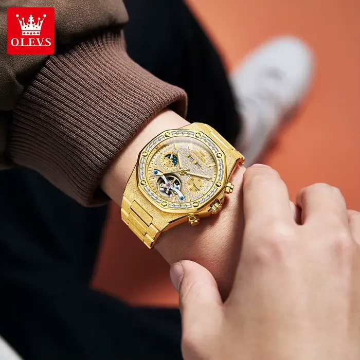 Montre OLEVS Tourbillon Automatique Luxe Hommes avec Tourbillon Squelette Lumineux Calendrier Complet et Phase de Lune Occasions Spéciales
