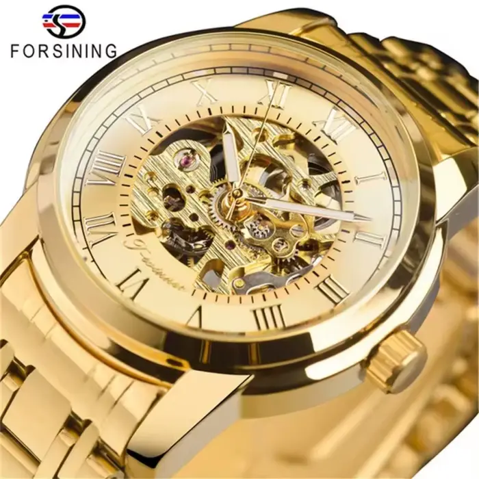Forsining 349 montre mécanique pour hommes affaires squelette rond argenté noir acier inoxydable montres-bracelets manuelles pour horloge masculine