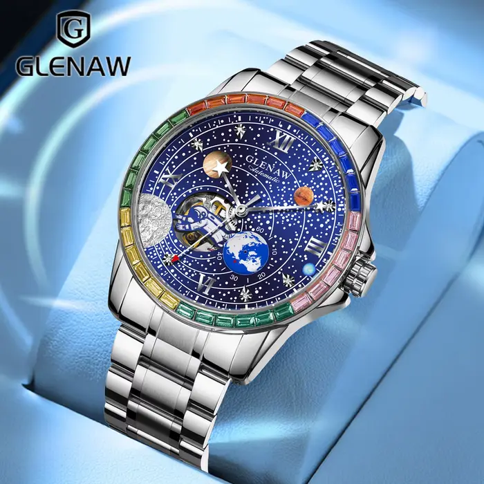 GLENAW nouvelle montre mécanique de terre rotative hommes cadran d'astronaute spatial veilleuse étanche bracelet en