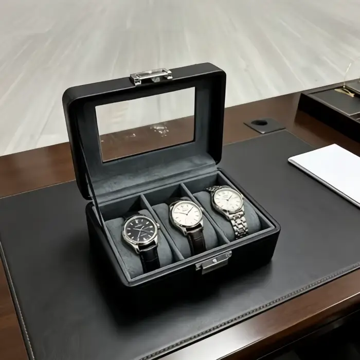 Boîte à montres en cuir pour homme à 3 emplacements avec serrure