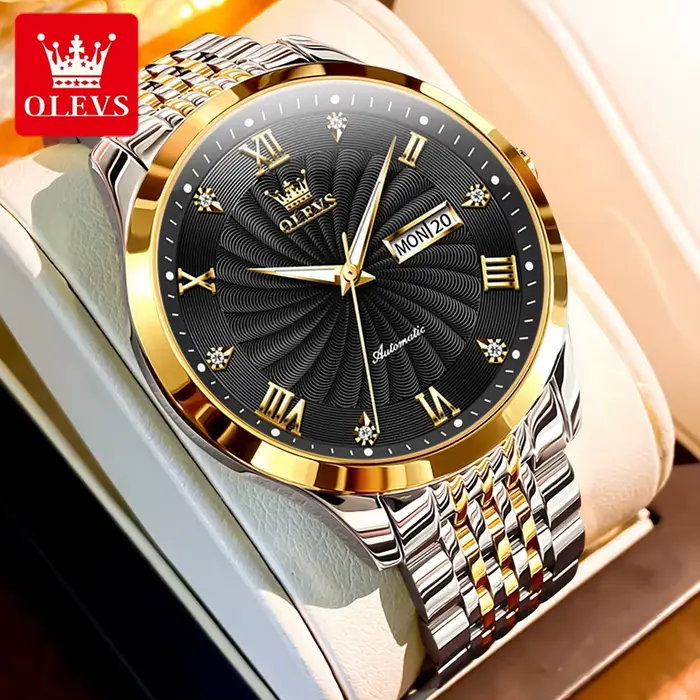 OLEVS Top marque automatique mécanique hommes montre cadran fileté étanche bracelet en acier inoxydable classique