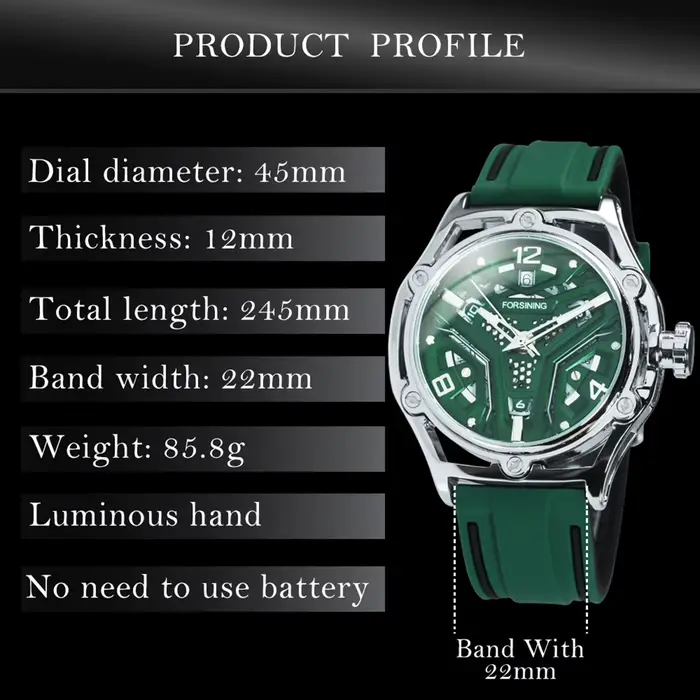 Montre Squelette Forsining pour Homme Bracelet en Caoutchouc Vert Montre Mécanique Automatique Style Professionnel Lumineuses Calendrier Occasions Spéciales Aventures Journées Relaxantes