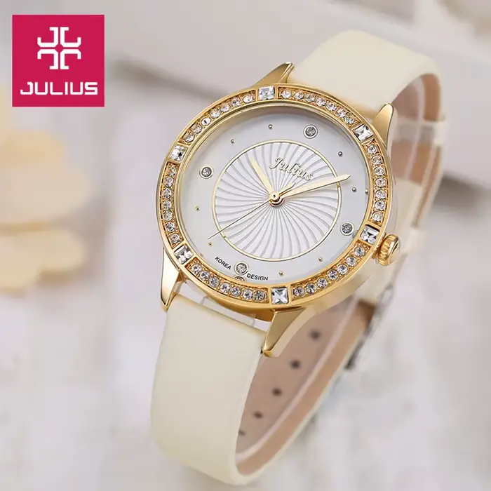 Strass Julius dame montre pour femme japon Quartz mode heures Bracelet en cuir véritable fille boîte-cadeau