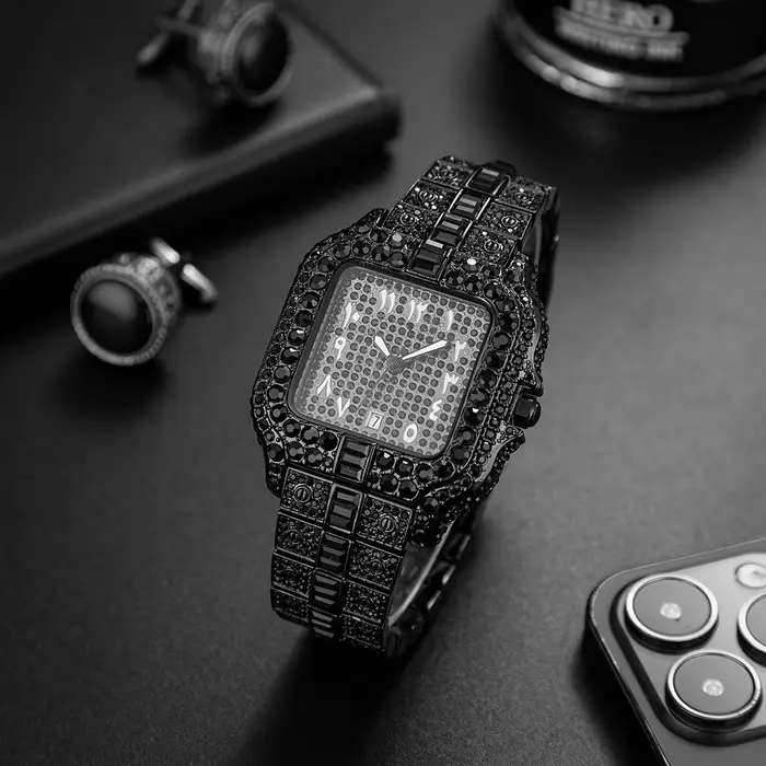 Montres pour hommes en diamant noir glacé Hip Hop Cool mâle femme montre à Quartz avec calendrier horloge à main lumineuse livraison directe