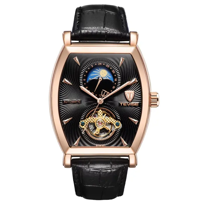 Montre mécanique automatique forme tonneau élégante avec phase de lune et squelette pour homme occasions spéciales professionnelle décontractée