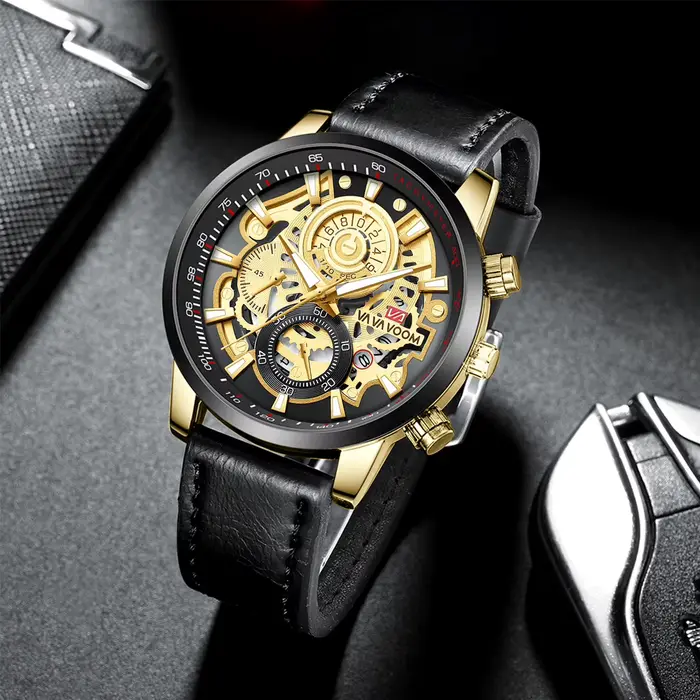 Montre VA VA VOOM en alliage avec bracelet en cuir robuste pour hommes, résistante à l'eau, anti-magnétique et dotée de calendrier complet, idéale pour les sports et les voyages
