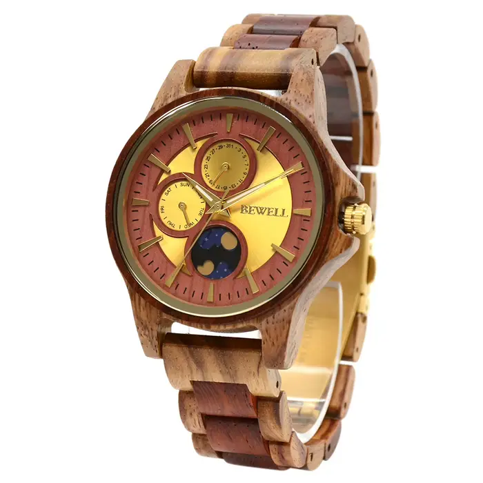 Montre homme luxueuse en bois gravé cadran rond phase de lune lumineuse