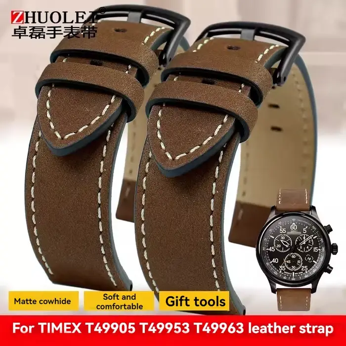 20 22mm Bracelet de montre en cuir véritable pour Timex T49963 T49905 T49953 série d'expédition rétro mat