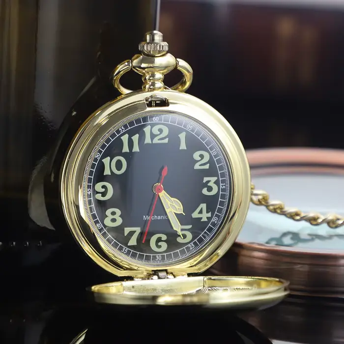 Montre de poche mécanique de luxe noir, or et bronze pour hommes et femmes, avec chaîne de poche vin