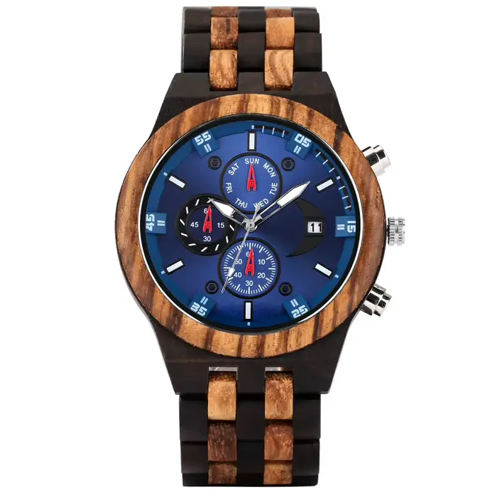Montre à Quartz pour hommes, chronographe, cadran rond, fermoir pliant, bracelet en bois, Vintage, n
