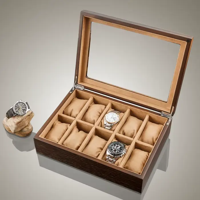 Boîte à montres en bois à 10 emplacements avec fenêtre en verre