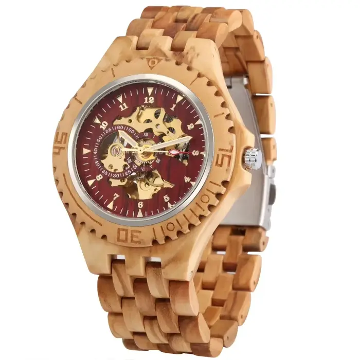 Montre-bracelet automatique entièrement en bois pour homme, analogique doré, affichage numérique ara