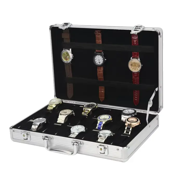 Boîte de rangement de montres en alliage d'aluminium élégante avec horloge pour collectionner jusqu'à 24 montres occasions spéciales