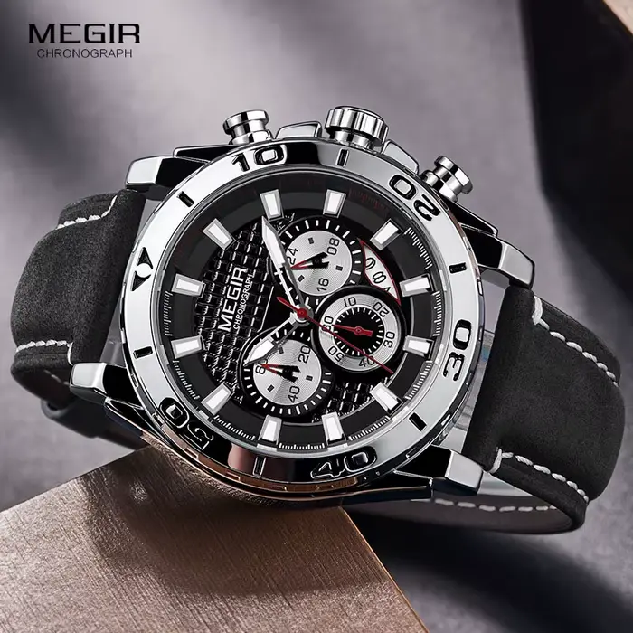 MEGIR hommes armée sport chronographe montres à Quartz bracelet en cuir lumineux étanche montre-bracelet homme Relogios horloge 2094 argent