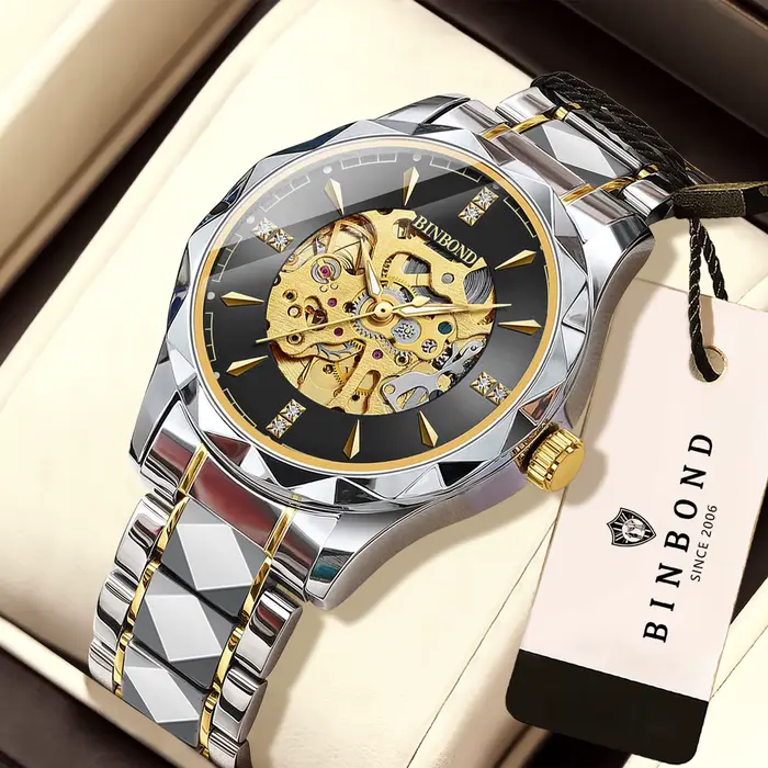 Montre homme BINBOND automatique tourbillon squelette résistante à l'eau et aux chocs pour hommes occassions spéciales élégante à offrir