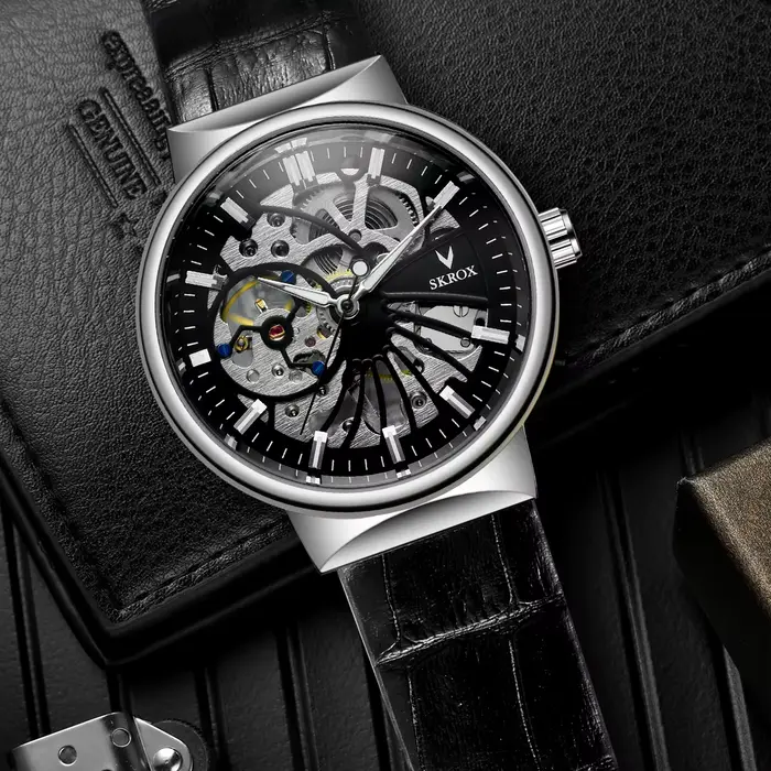 Montre mécanique SKROX élégante pour homme, avec mouvement ventilé manuel, résistance à l'eau, et finition en acier inoxydable et cuir, pour toutes occasions