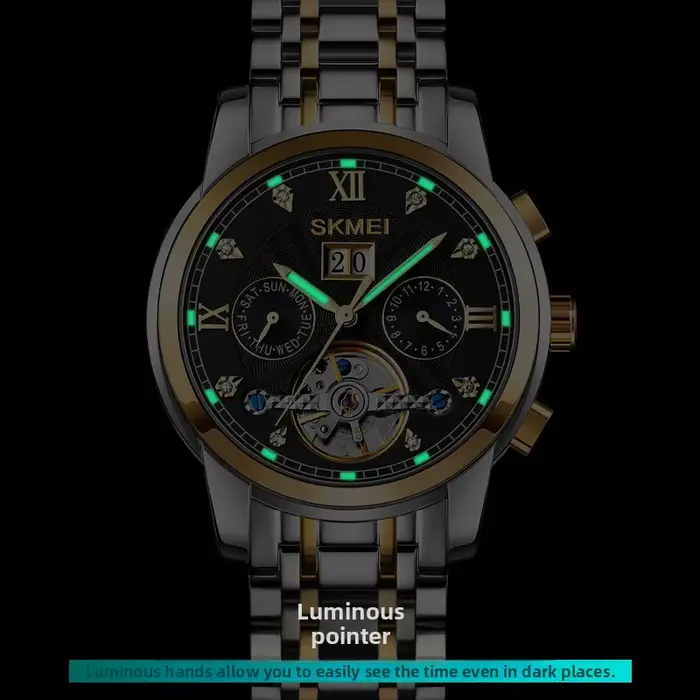 Montre squelette automatique lumineuse résistante à l'eau avec bracelet en acier inoxydable pour hommes affaires et sorties week-end
