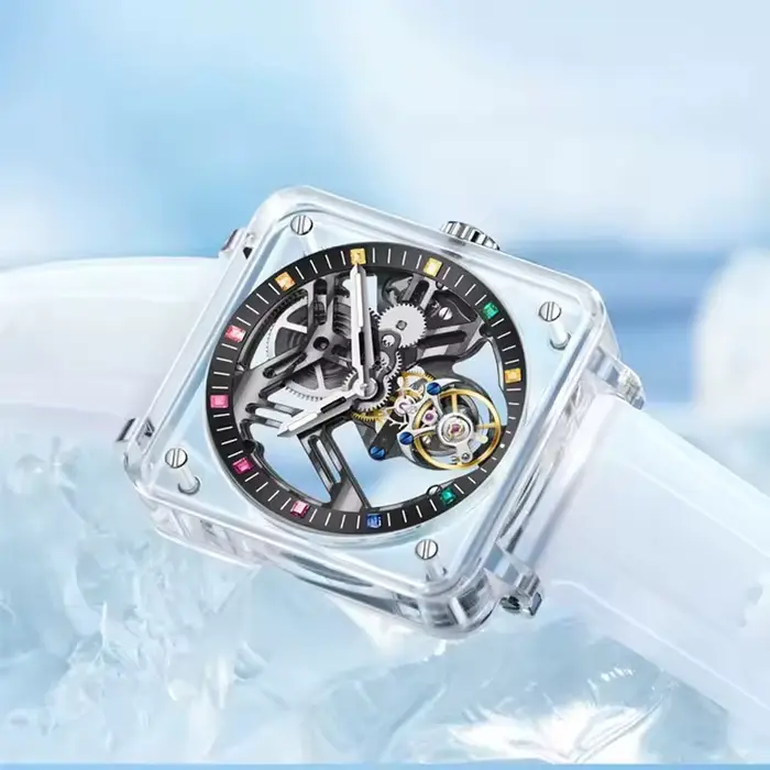 PINDU véritable Tourbillon mouvement saphir miroir hommes montres boîtier Transparent bracelet en caoutchouc étanche