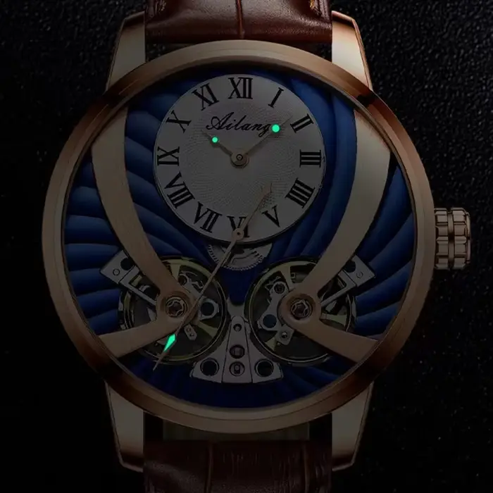 Montre mécanique classique Ailang Real Double Flying Tourbillon en cuir véritable étanche OEM automatique 2026