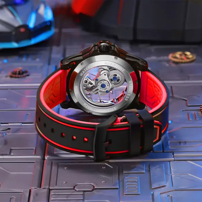Dulunwe montre mécanique pour hommes 46MM fenêtre cadran creux remontage automatique mode rouge sport 30M