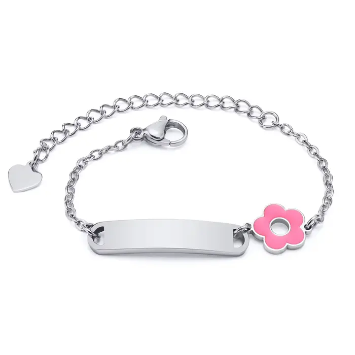 Bracelet avec nom gravé gratuit pour petite fille et garçon, chaîne en acier inoxydable à fleurs mig