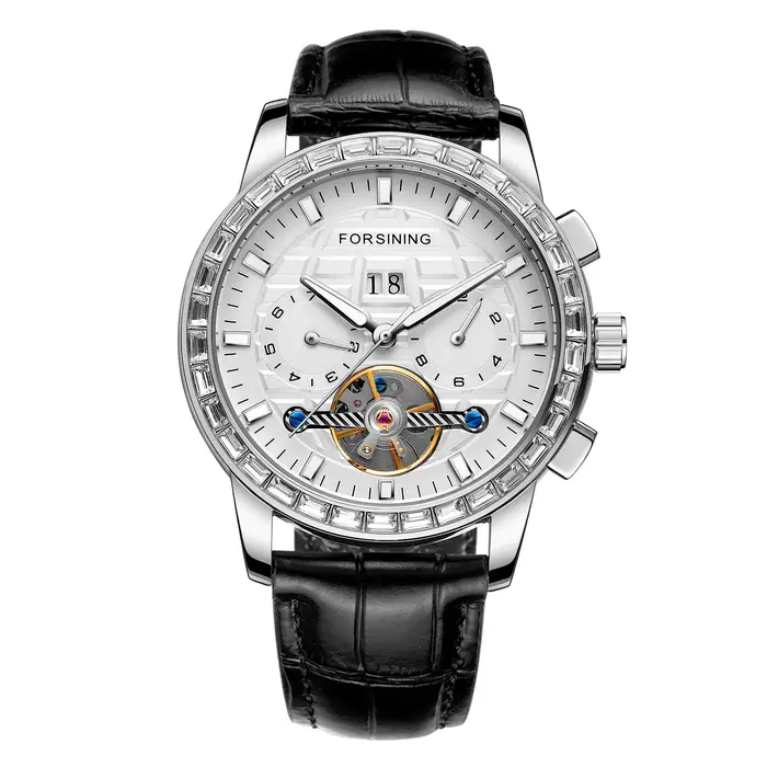 Nouveaux diamants hommes montres haut de gamme de luxe automatique mode bleu bracelet en cuir véritable Tourbillion affichage calendrier montre-bracelet