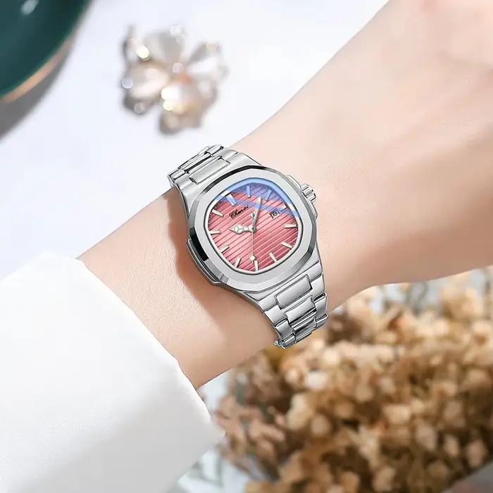 CHENXI 8222 montre à Quartz pour femme cadran rayé rose avec calendrier lumineux bracelet en acier inoxydable montre-bracelet pour fille cadeau