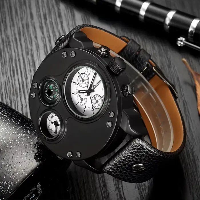 Oulm nouvelle mode Sport décontracté hommes montres en cuir noir double fuseau horaire montre-bracelet mâle Quartz grande taille luxe montre militaire