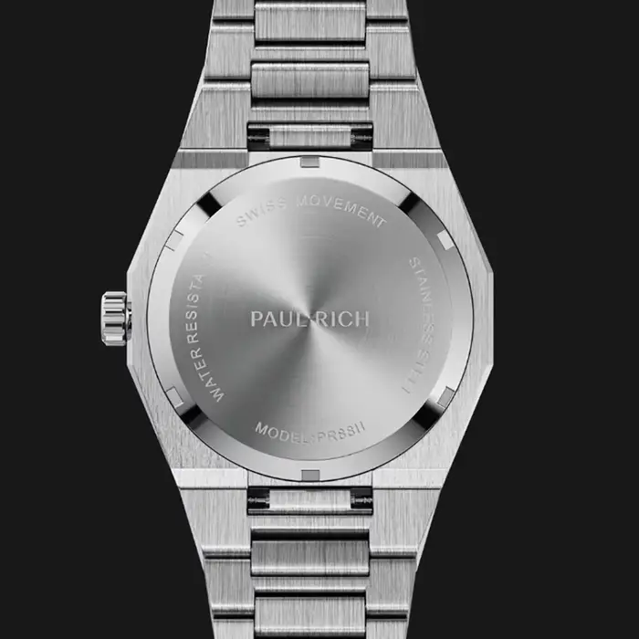 5 ATM résistant à l'eau tout en acier inoxydable étoile poussière cadran arabe montre givrée avec logo PR