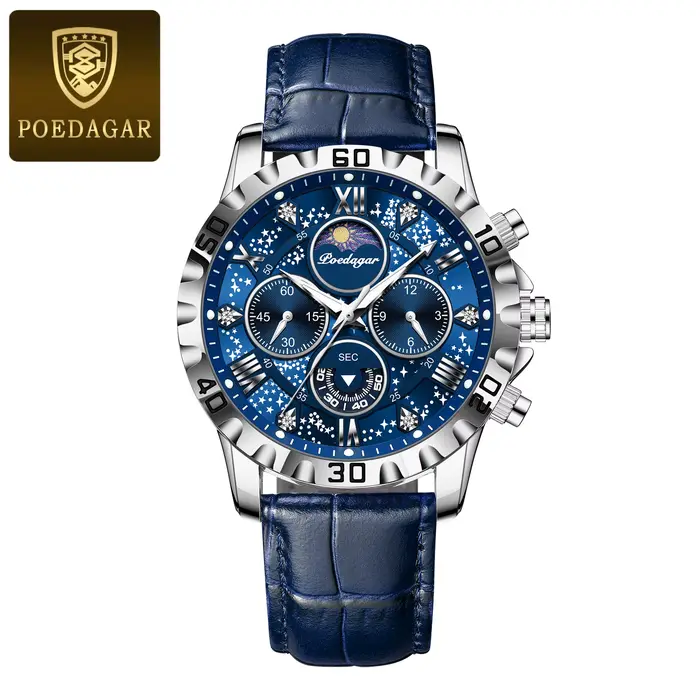 POEDAGAR luxe mode homme montre étanche lumineux chronographe montres en cuir pour hommes sport en p