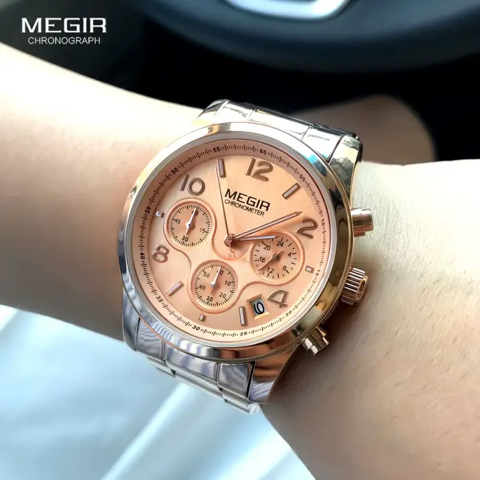 Megir dames montre chronographe montres à Quartz femmes haut de gamme de luxe montre-bracelet en or Rose Relogio Feminino часы жletiе 2057