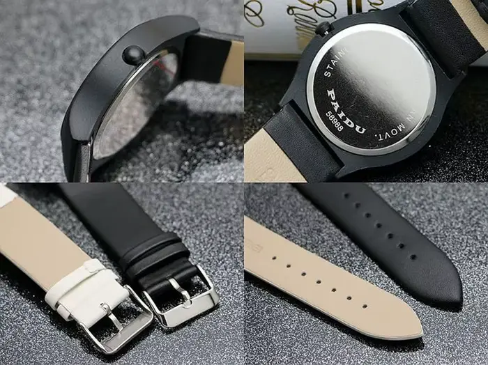 Montre à quartz en cuir véritable pour hommes et femmes