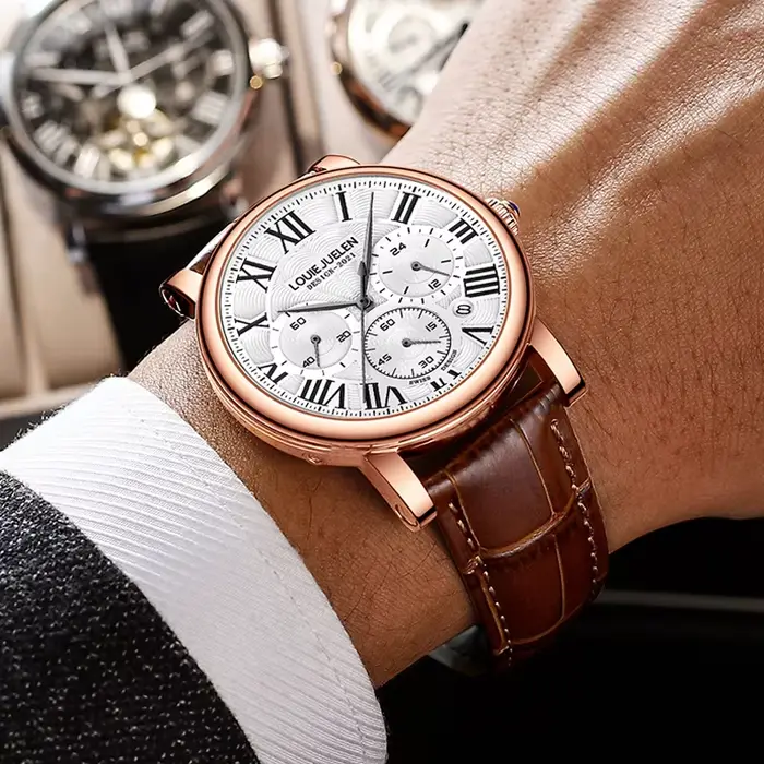Mode montres pour hommes de luxe bracelet en cuir véritable quartz montre
