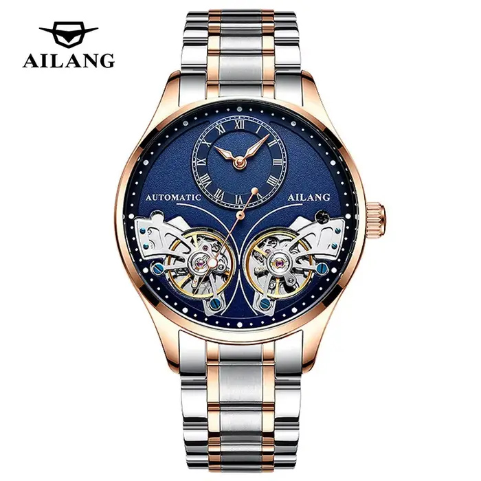 AILANG flambant neuf mode Double Tourbillon montre pour hommes de luxe en acier inoxydable étanche automatique montres