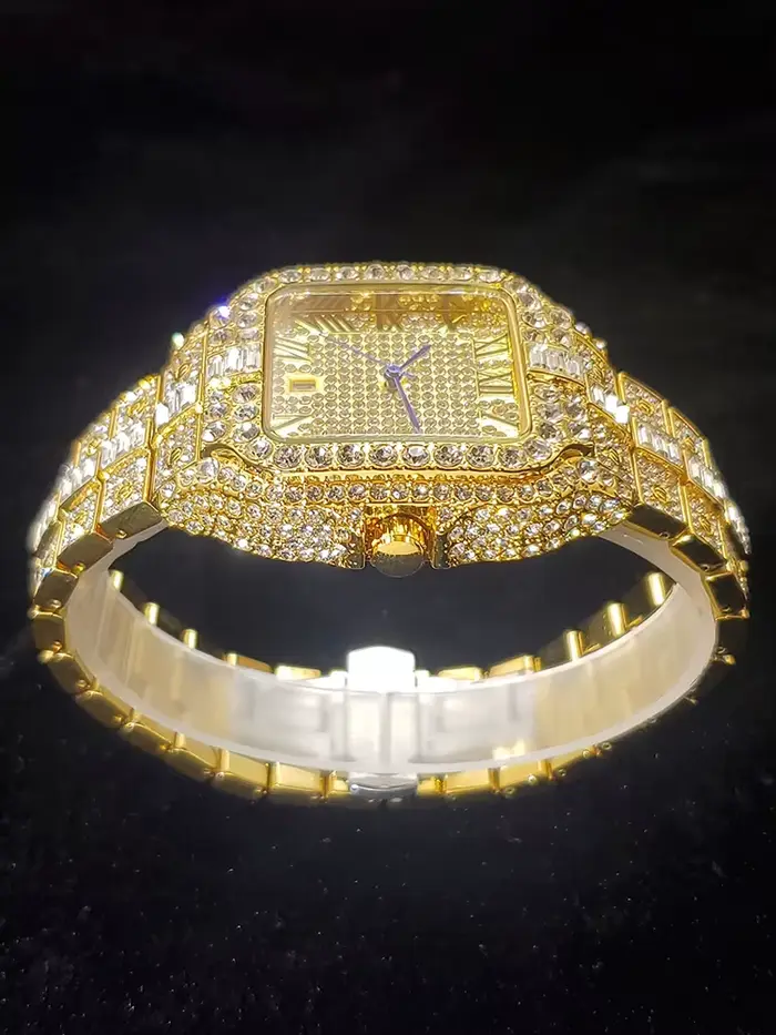 Montre en or diamant pour hommes avec calendrier complet, mouvement à quartz, bracelet solide orné de zircons, pour les occasions spéciales et les sorties professionnelles