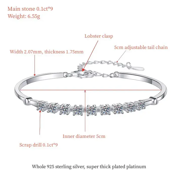 Bracelet plaqué or blanc S925 avec Moissonite couleur D 9*0,1 ct élégant pour femmes occasions spéciales soirée cadeau