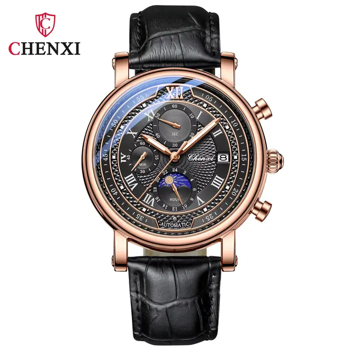 Chenxi 976 cuir chronographe Date hommes Phase de la lune chronométrage affaires lumineux montre à Q