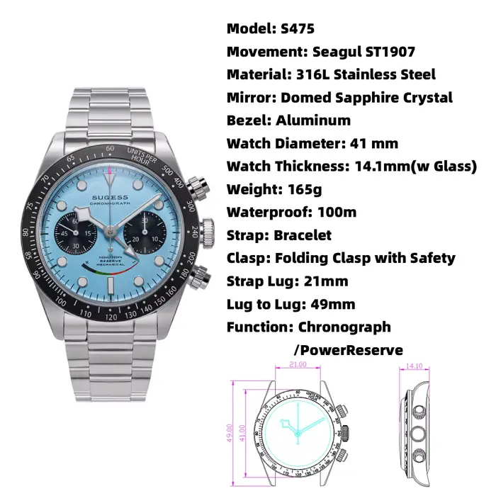 Montre chronographe Sugess ST1907 Acier Inoxydable Boîtier Rond Avec Verre Saphir Pour Hommes Occasions Spéciales