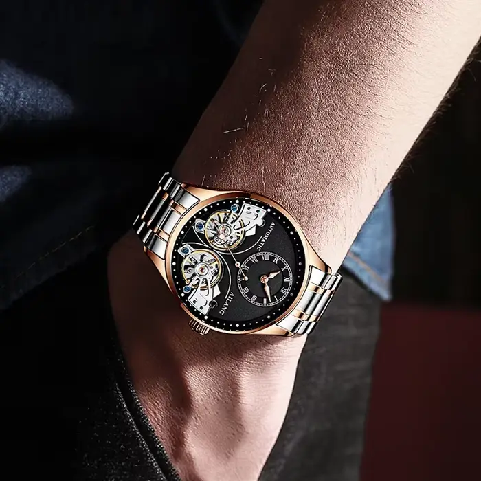 Nouvelle montre mécanique squelette automatique haut de gamme à double tourbillon en acier inoxydable résistante à l'eau pour homme, occassions spéciales et tous les jours