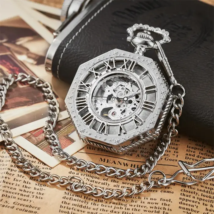 Montre de poche mécanique hexagonale classique avec chaîne FOB
