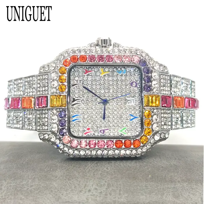 Montre UNIGUET Rainbow Diamond acier inoxydable carrée avec marqueurs de chiffres arabes pour hommes styles hip-hop occasions spéciales
