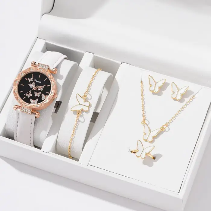 Ensemble de montre-bracelet à quartz pour femme avec bague, collier, boucles d'oreilles et bracelet en cuir, papillon, variété de couleurs pour tous les styles et occasions