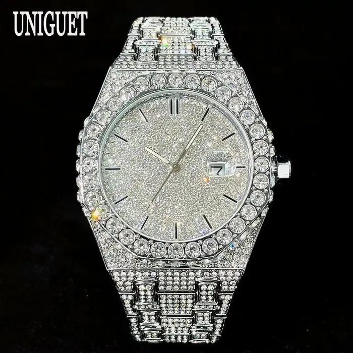 Montre de Luxe UNIGUET pour Homme, Montre en Acier Doré Style Hip-Hop avec Grands Diamants Brillants