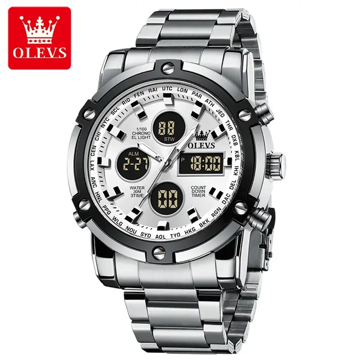 Montre sportive OLEVS avec double affichage numérique analogique résistante aux chocs et étanche pour homme occasions spéciales
