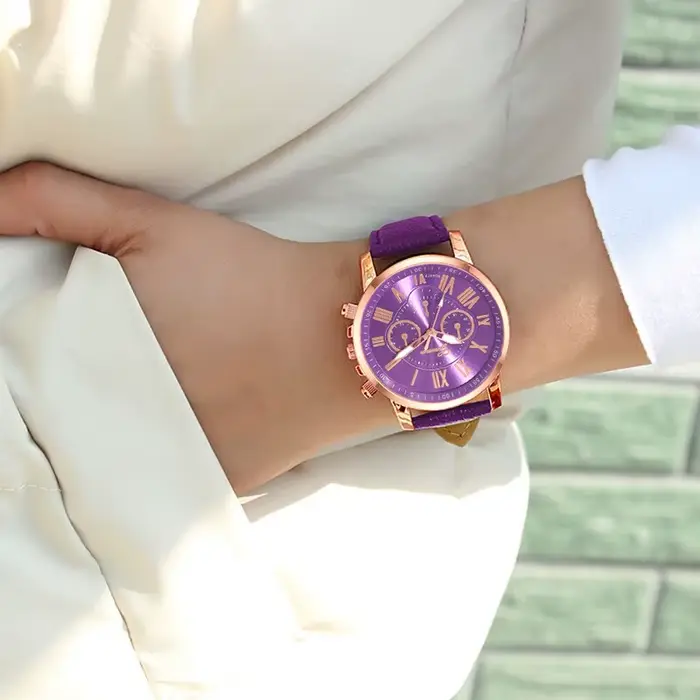 Reloj Mujer Mode Femmes Montres Dames Violet En Cuir Quartz Montre-Bracelet