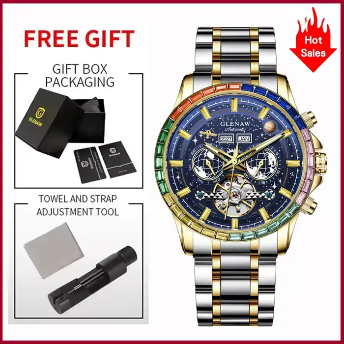 Montre mécanique de luxe GLENAW Design New Rainbow Circle pour homme, en acier inoxydable, avec écla