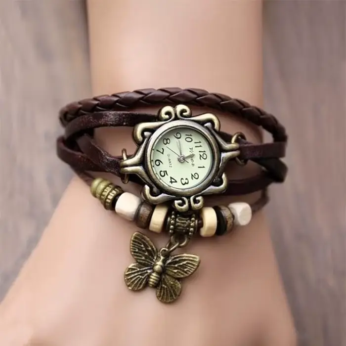 Antique femmes montre en cuir enveloppé Bracelet